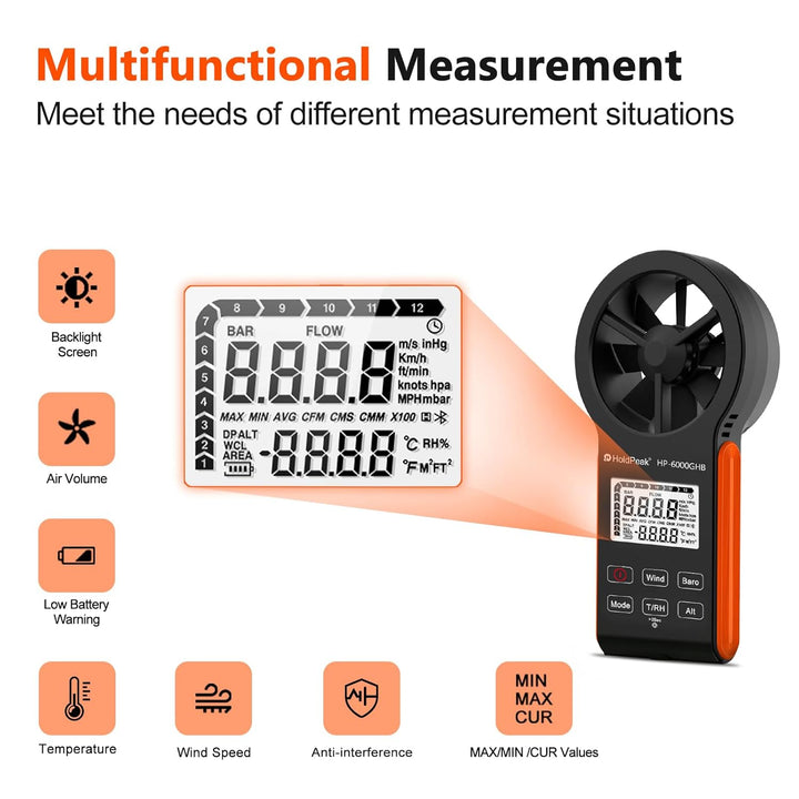 HOLDPEAK Anemometer HP-6000GHB Digitales Anemometer – Windgeschwindigkeits- und Luftstrommesser, Tem