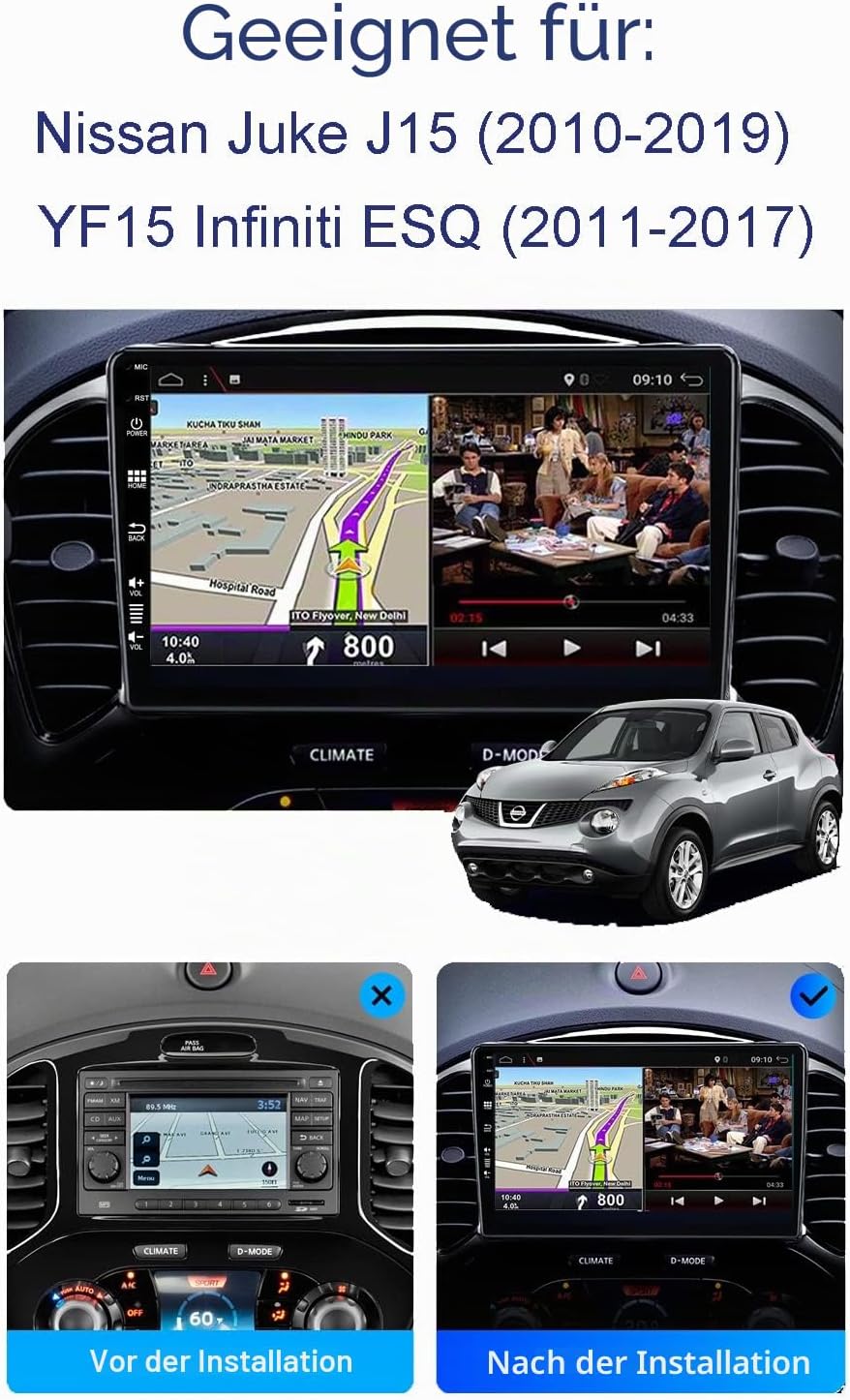 Android 15 Autoradio für Nissan Juke J15 (2010-2019) / YF15 Infiniti ESQ (2011-2017) - Rückfahrkamer