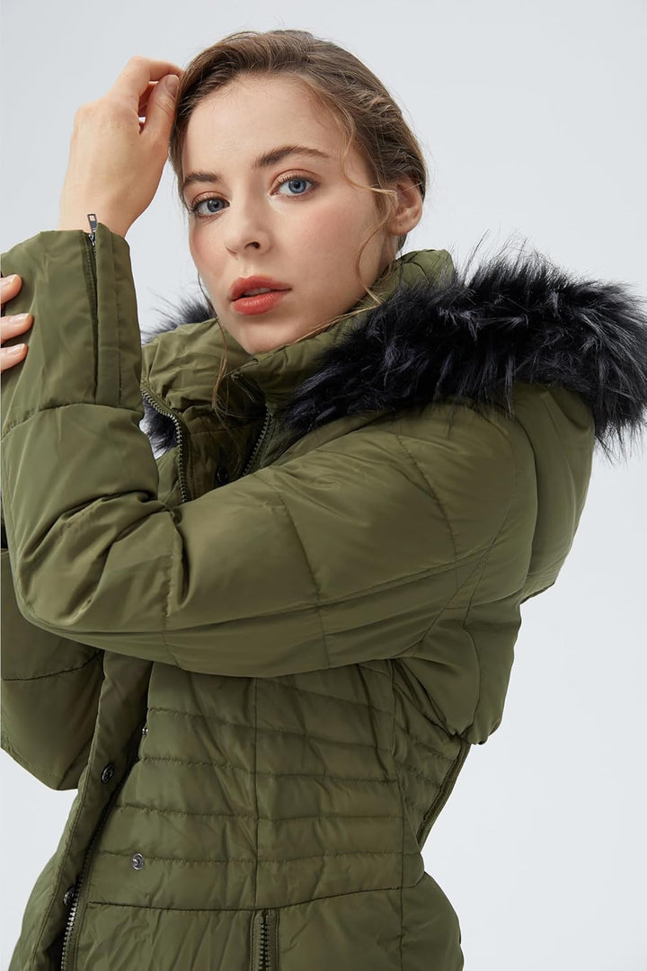 Orolay Damen Daunenmantel Lang Warm Winterjacke mit Kapuze Kunstpelz M Armeegrün, M Armeegrün