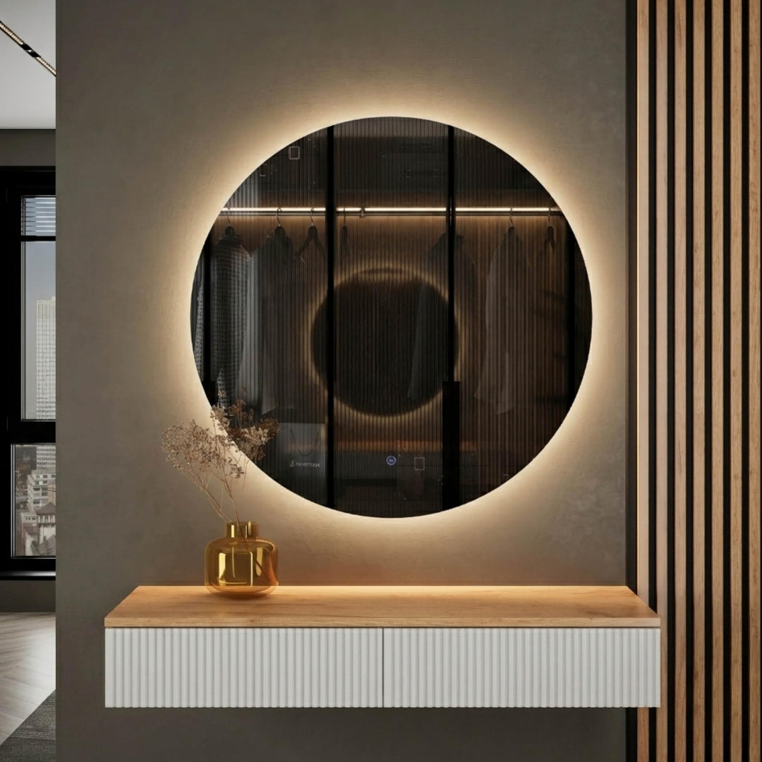 Planetmöbel Flur Garderobe Set Konsolentisch 100 cm inkl. Spiegel mit Beleuchtung rund (ohne Rahmen)