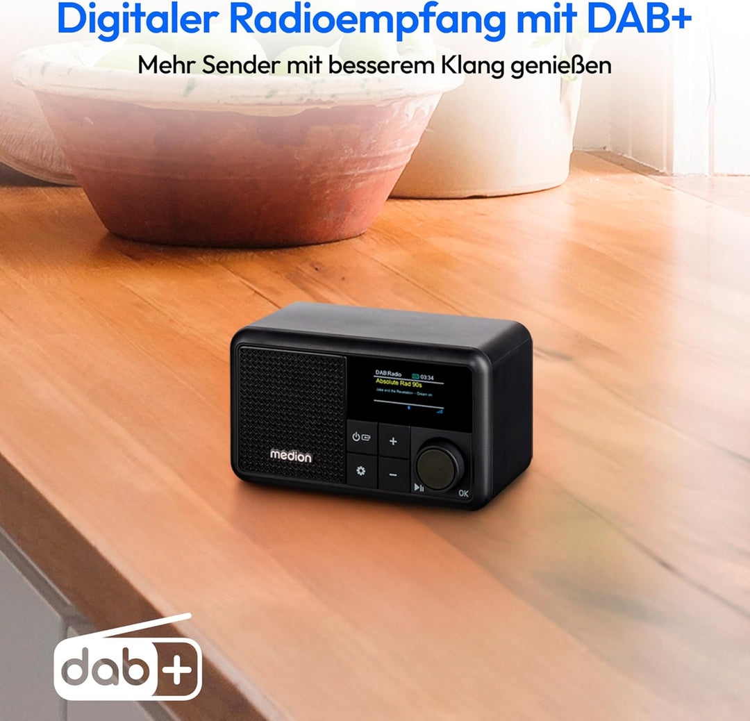 MEDION S66822 Tragbares Mini DAB+ Radio mit Bluetooth (Akku, dimmbares Farbdisplay, Teleskopantenne,