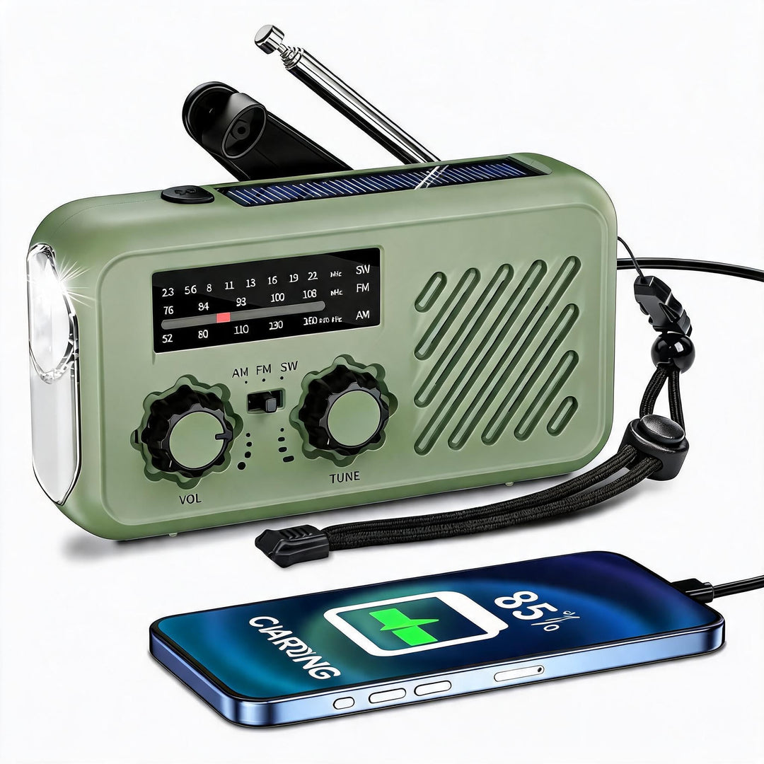 Notfall Radio, 3-Wege-Ladung (Solar, Kurbel, USB-C) Powerbank, 2000mAh Akku, AM/FM Radio, SOS, LED-T