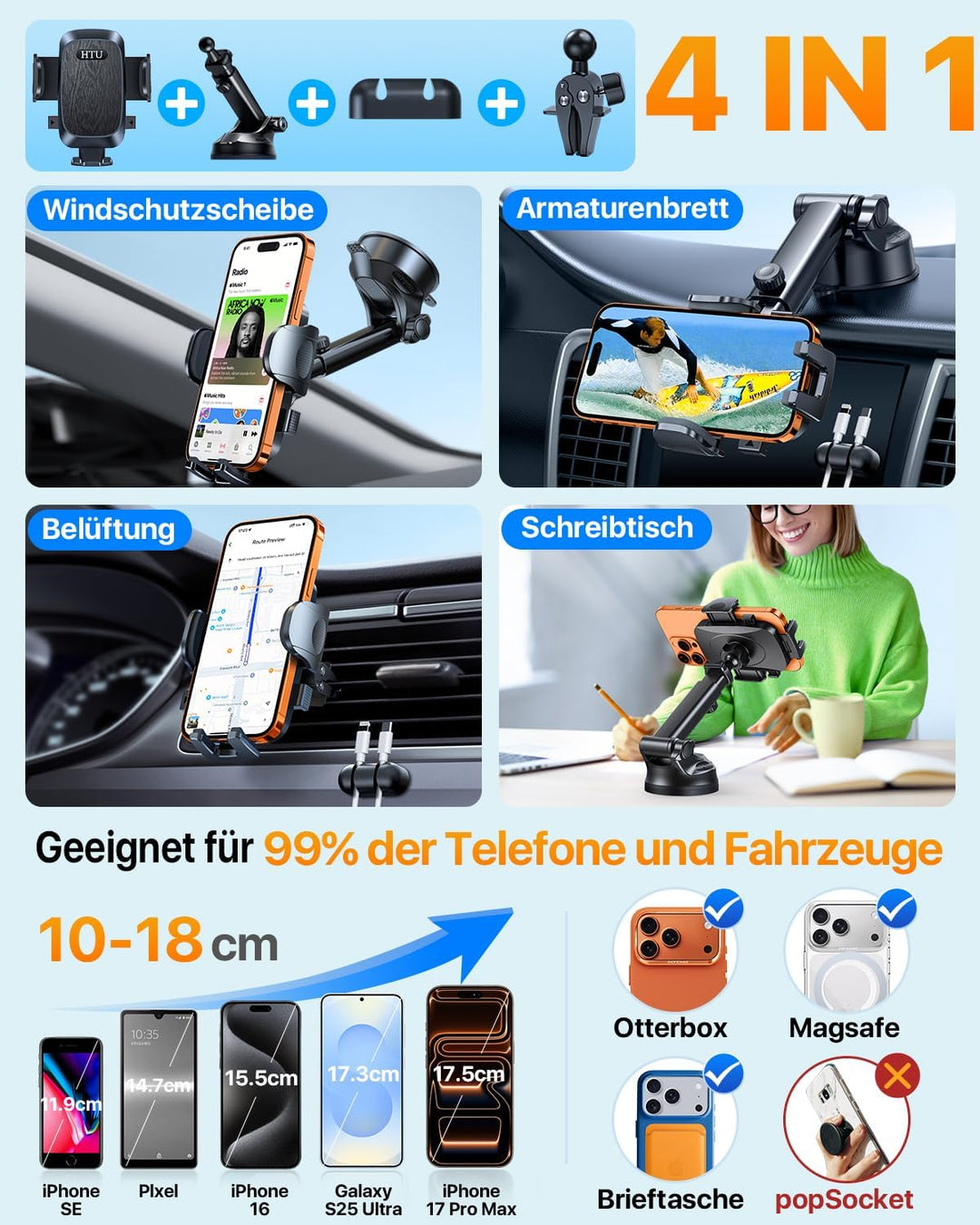 HTU 2026【Militär-Klasse】 Handyhalterung Auto【Stärkste Saugnapf & Lüftung】 Handy Halterung Auto 360°