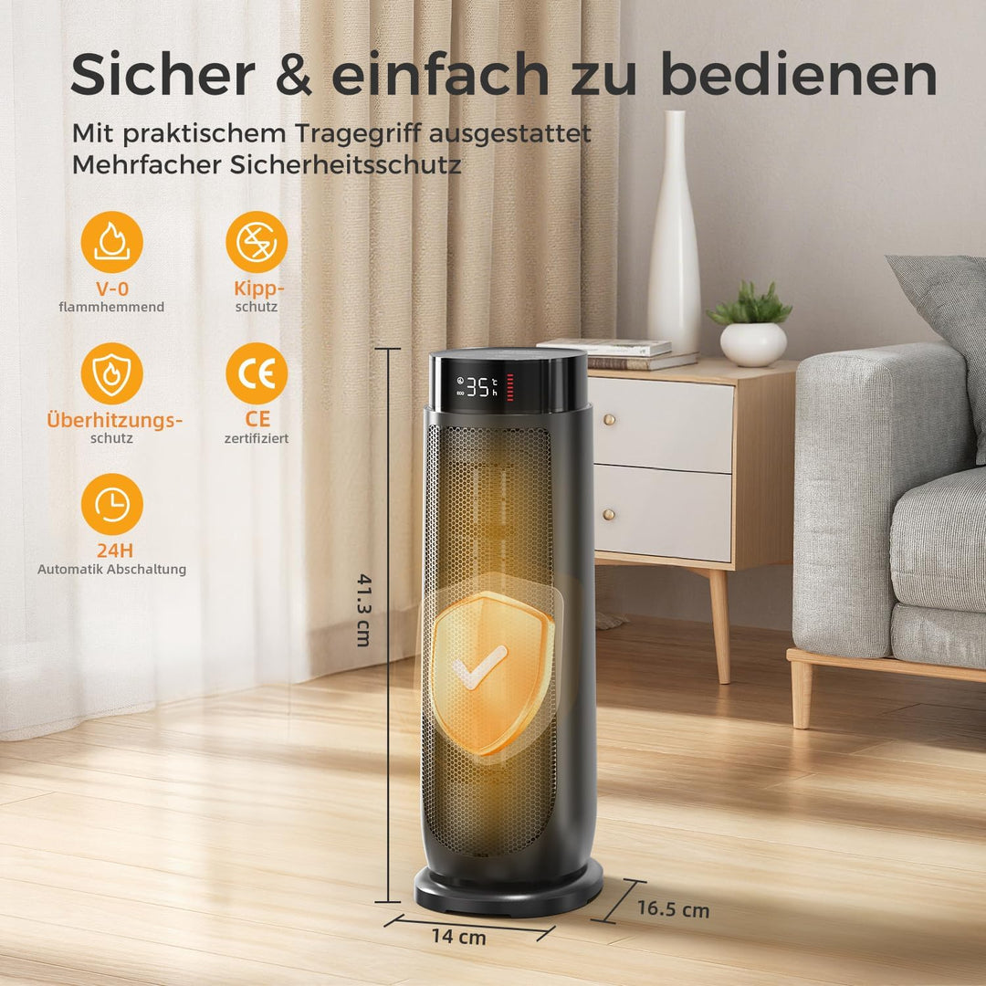 PTC Heizlüfter für Zuhause, Überhitzungs Kippschutz, Schwarz, 2000W | Thermostat, 90°-Oszillation fü