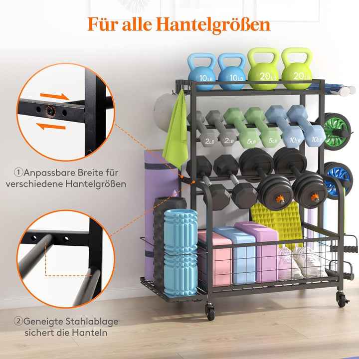 Lifewit Hantelständer für Home Gym, Hantelablage mit Abschliessbare Universal-Räder und Haken, Kettl