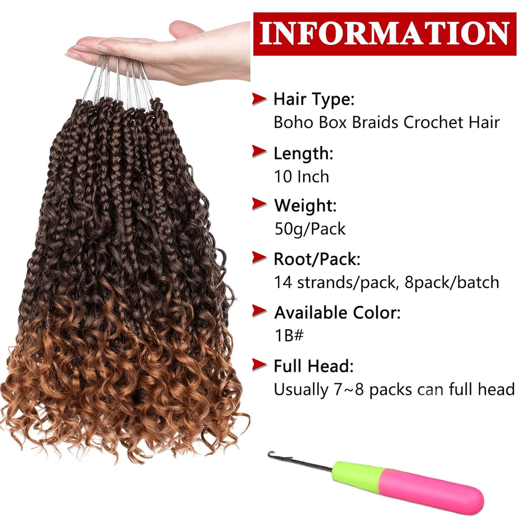 Xtrend 10Inch 8Packs Ombre Boho Box Braids Crochet Hair with Curly Ends 14strands/pack Pre Looped Bo