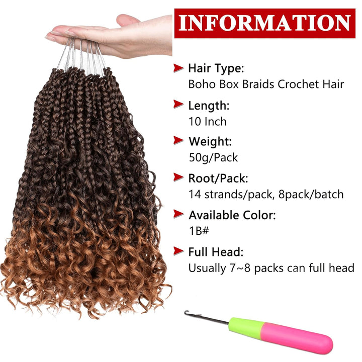 Xtrend 10Inch 8Packs Ombre Boho Box Braids Crochet Hair with Curly Ends 14strands/pack Pre Looped Bo