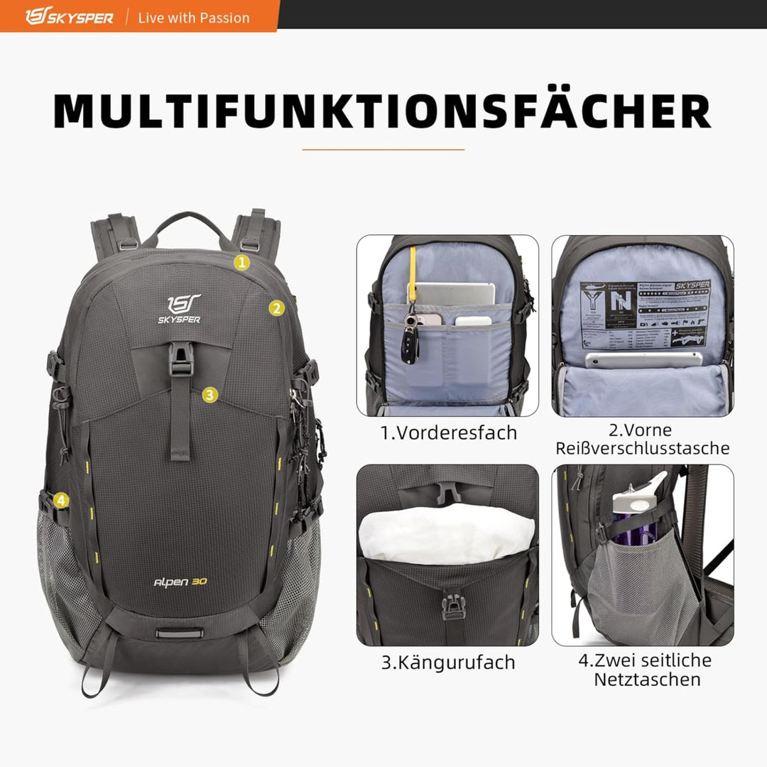 SKYSPER Wanderrucksack 30L Trekkingrucksack Wasserfest mit Rückenbelüftung und Netzrücken Tagesausfl