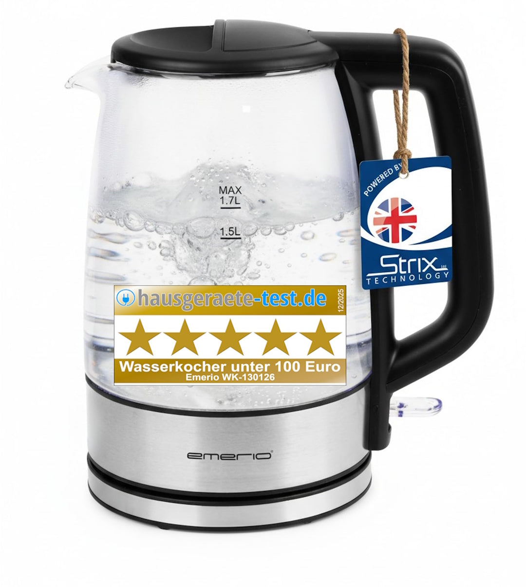 EMERIO Glas Wasserkocher mit 1.7 Liter Volumen | 2200 Watt | blaue LED Innenbeleuchtung | 360° Basis