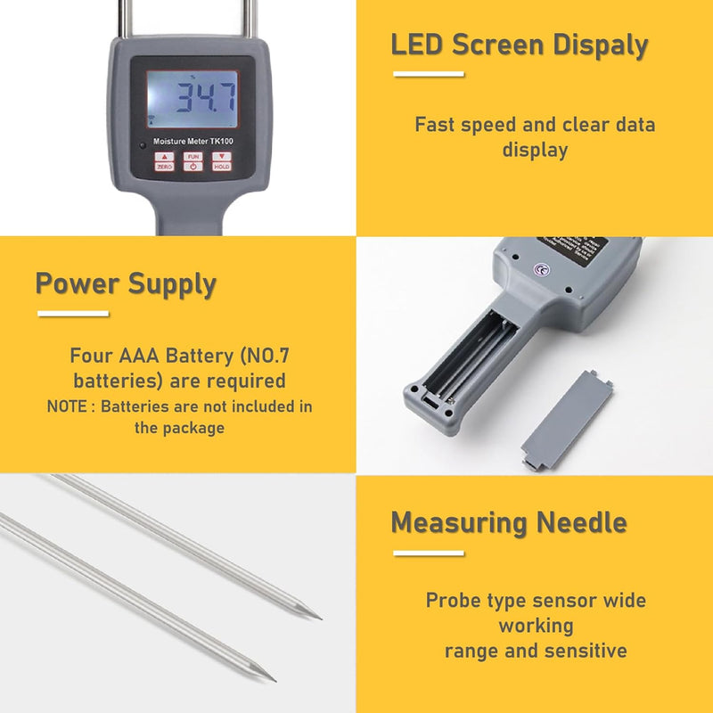 TK100H Tragbares Heufeuchtemessgerät, 0-80% Digitales LCD-Getreidemessgerät, Heuballen-Feuchtigkeits