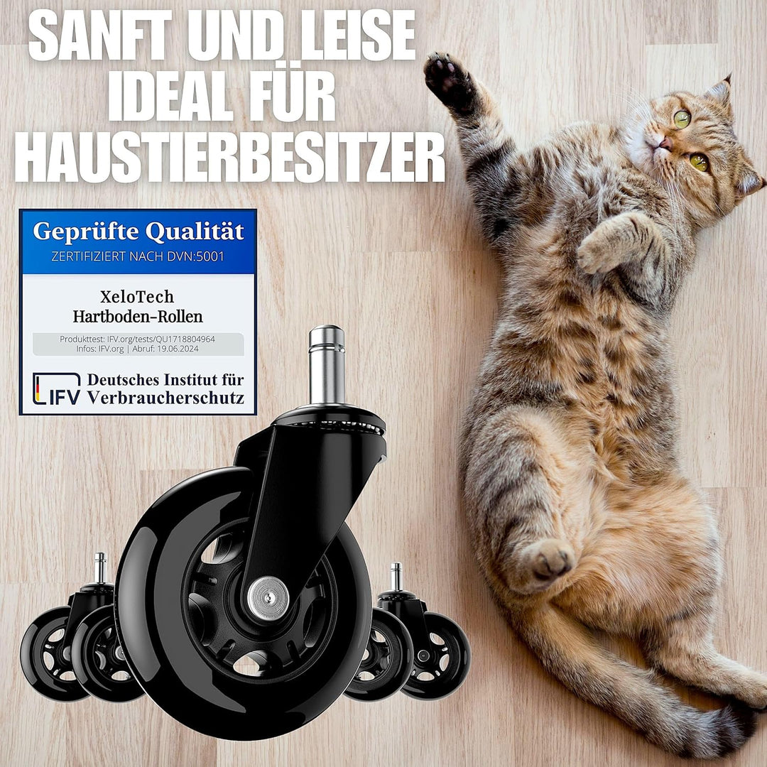 XeloTech 5er Set Hartboden-Rollen für Bürostuhl - 11mm x 22 mm - Black Edition - Sehr leise Bürostuh
