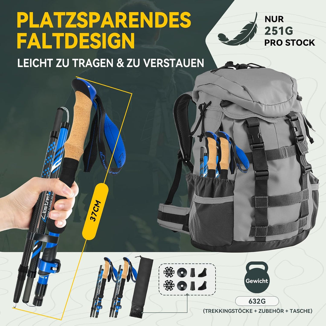 Clostnature Wanderstöcke Faltbar Carbon - Leichte Faltbare Trekkingstöcke mit Korkgriff, Walking Stö