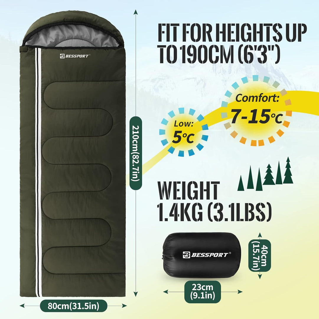 Bessport Schlafsack für Camping 3-4 Jahreszeiten Wasserdichter Leicht Schlafsack in 5 ℃ bis 15 ℃ für