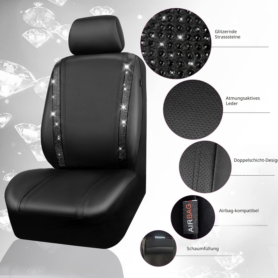 CAR PASS Wasserdicht Leder Autositzbezüge, Bling Diamant Komplettset Sitzbezug, Glänzend Kristall Gl