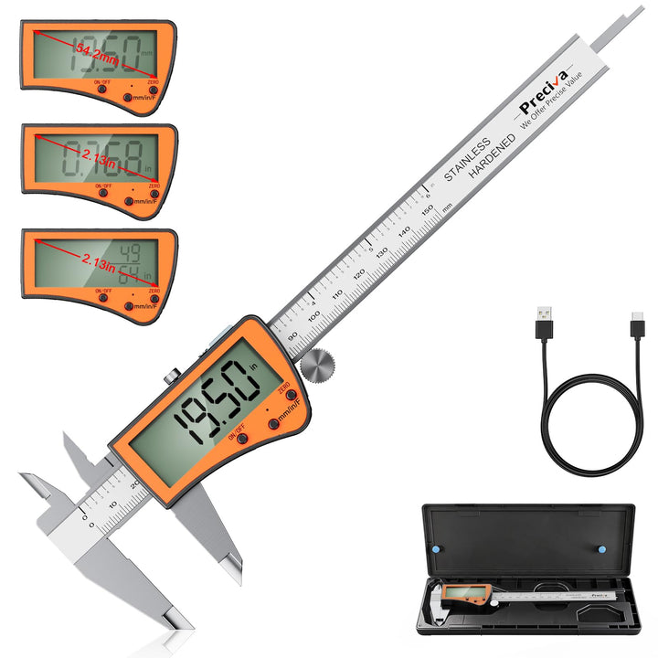 Preciva 150mm Digitaler Messschieber, Digitale Schieblehre Edelstahl Wiederaufladbar IP54 - Wasserdi