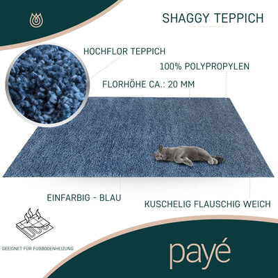 payé Teppich Wohnzimmer Hochflor Shaggy - 160x230cm - Blau Einfarbig Uni Flauschig Modern Boho Deko