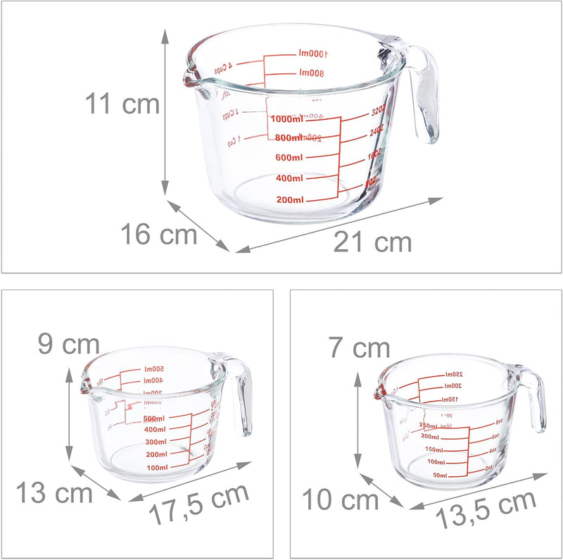 Relaxdays Messbecher Set, 3-teilig, Glasmessbecher 250 ml, 500 ml, 1l, hitzebeständig, mikrowellenge