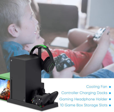 FYOUNG Ständer für Xbox Series X mit Lüfter Kühler und Controller Ladestation, Kühlständer und 1400m