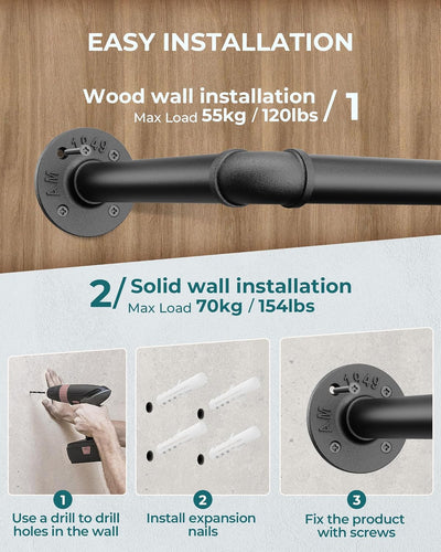 OROPY Industrielle Rohr Kleiderstange, 167 cm Wandmontage Abnehmbare Retro Metall Kleiderstange zum