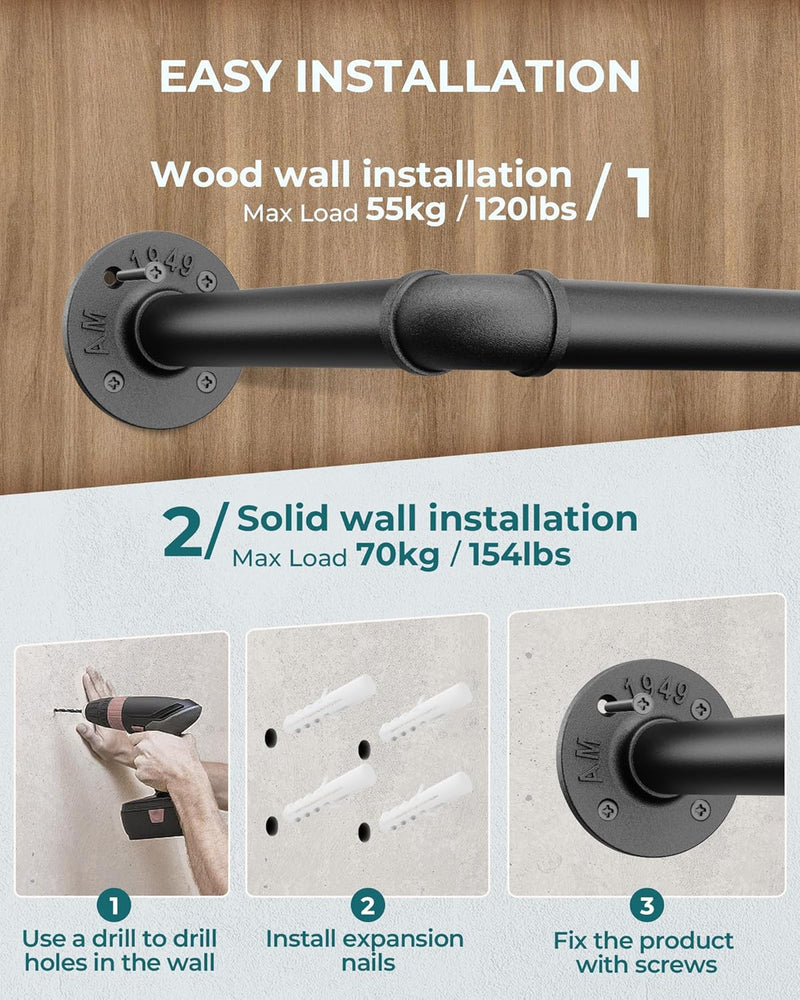 OROPY Industrielle Rohr Kleiderstange, 167 cm Wandmontage Abnehmbare Retro Metall Kleiderstange zum