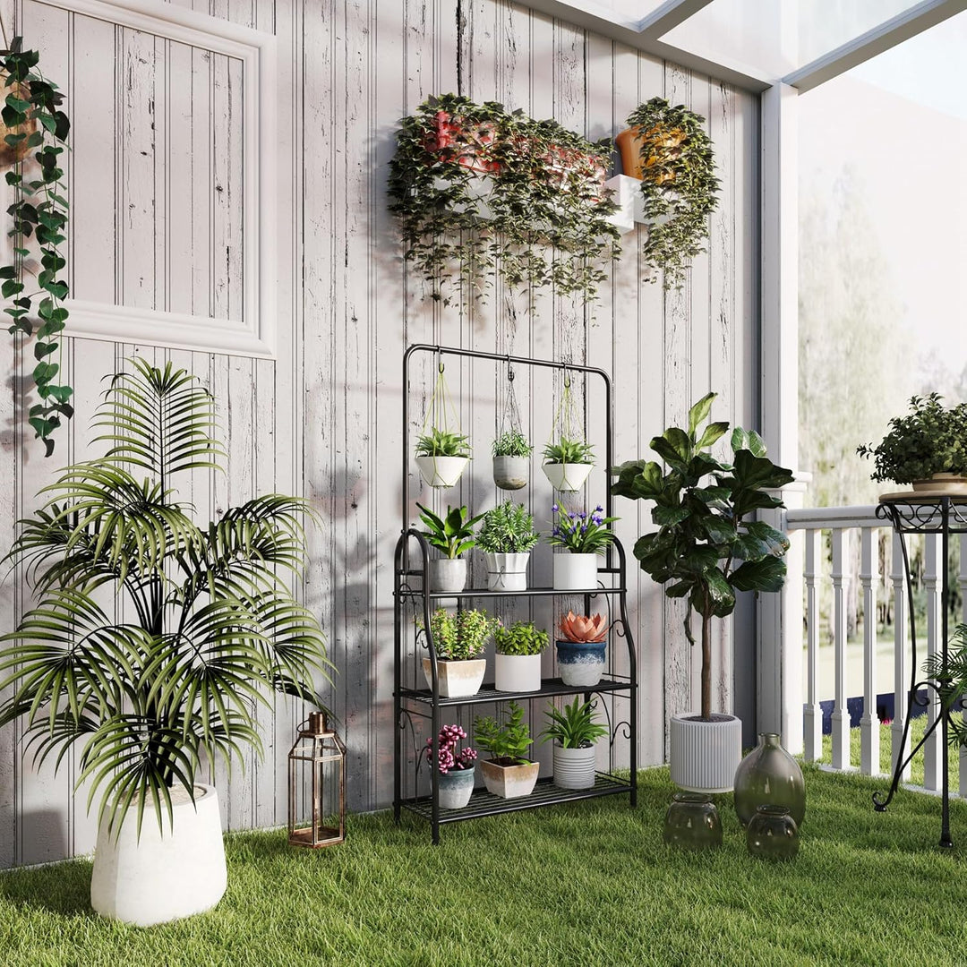 Outsunny 3-Etagen Pflanzenständer mit Hängestange, Haken, Blumenständer für Innen, Pflanzenregal aus