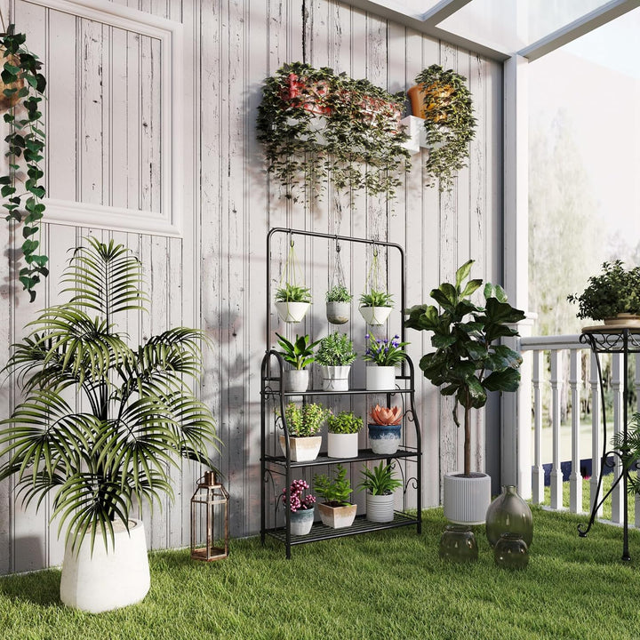 Outsunny 3-Etagen Pflanzenständer mit Hängestange, Haken, Blumenständer für Innen, Pflanzenregal aus