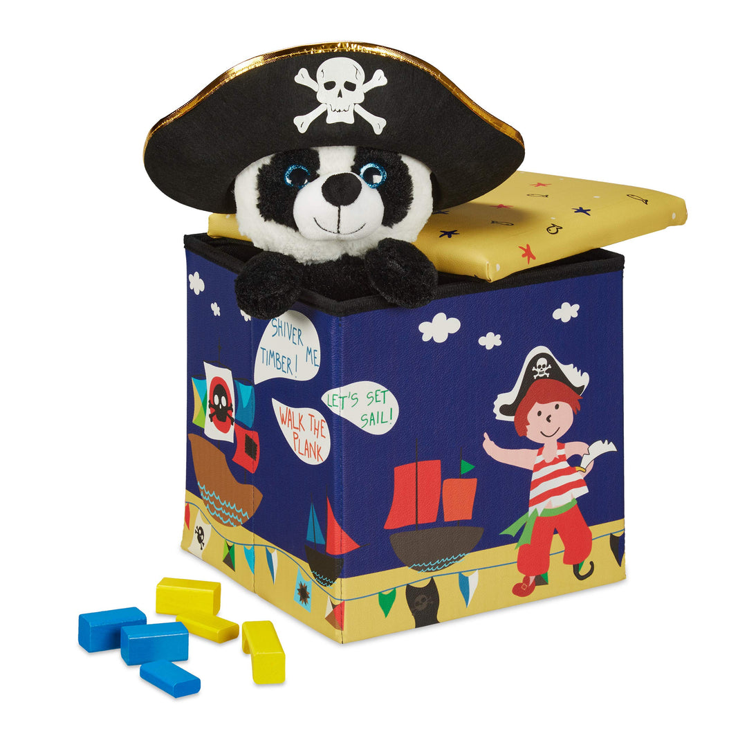 Relaxdays Sitzhocker Kinder, Piraten-Design, Sitzbox faltbar, mit Stauraum, Sitzwürfel, HxBxT 31 x 3