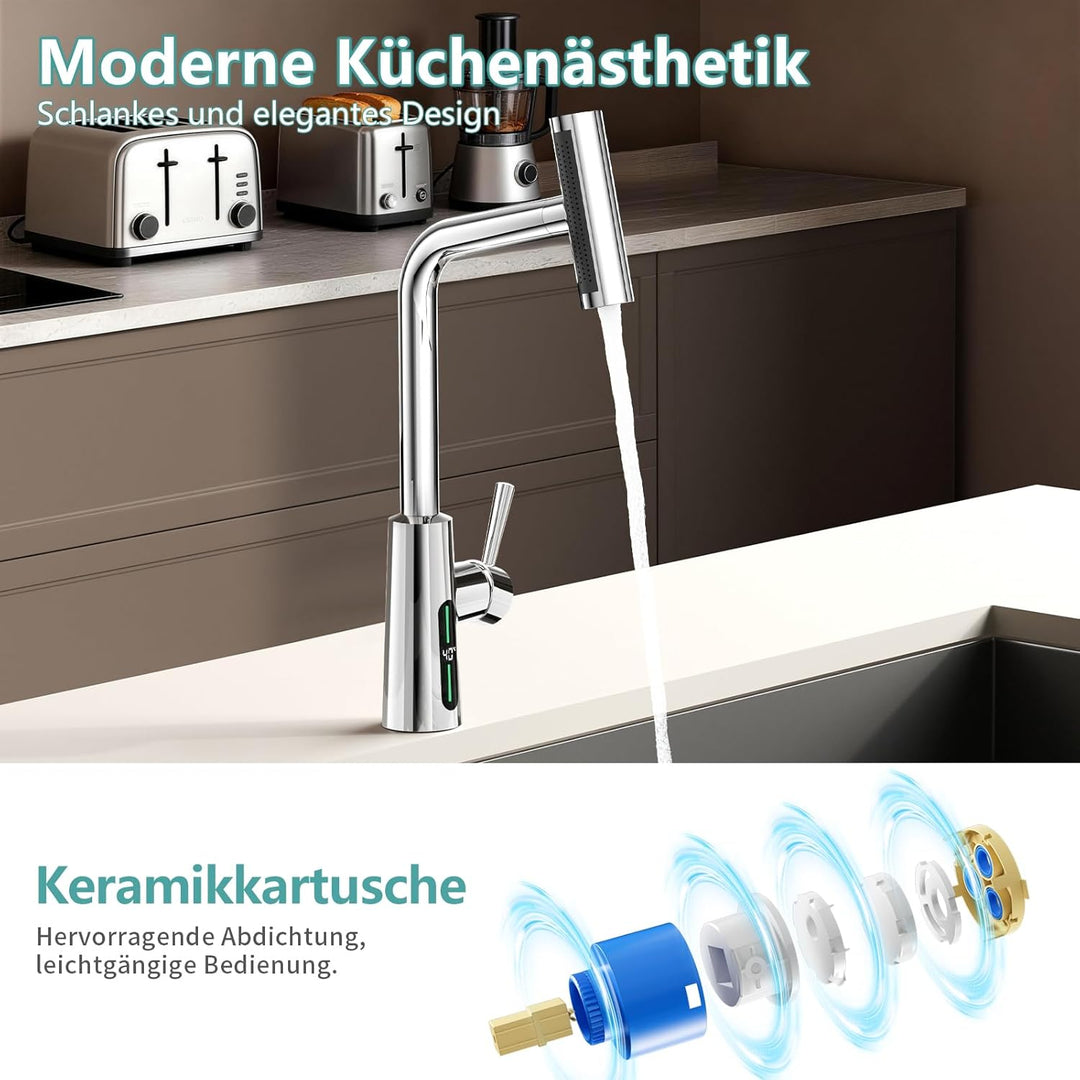MIAOHUI Küchenarmatur Ausziehbar mit Temperaturanzeige, Einhebel Mischbatterie Küche, 4 Modi Wasserh