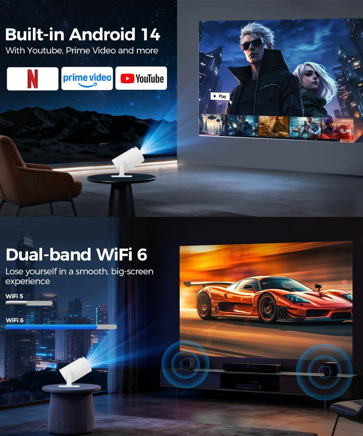 Mini Beamer 4K Unterstützt Android 11, Smart Projector 5G WiFi 6 BT 5.0, Mini Projektor Full HD 1080