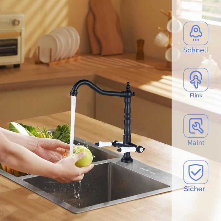 Wasserhahn Küche Antikes Schwarz,Hoch Waschtischarmatur Retro,Zweigriffmischer Badezimmer Waschbecke