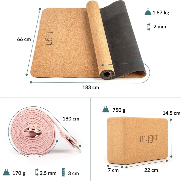 Myga Kork-Yoga-Starter-Set – Kork-Yoga-Matte, 2 Kork-Yoga-Blöcke und Yogagurt – Starter-Set mit Matt