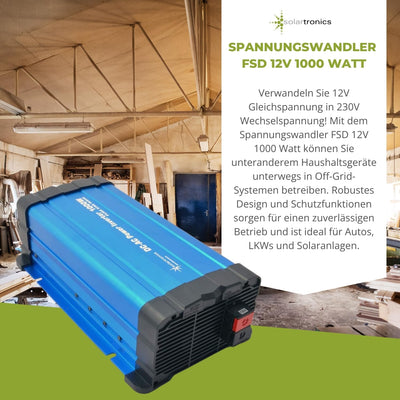 solartronics Spannungswandler FS1000DR 12V 1000 Watt Reiner Sinus BLAU Inverter Wechselrichter