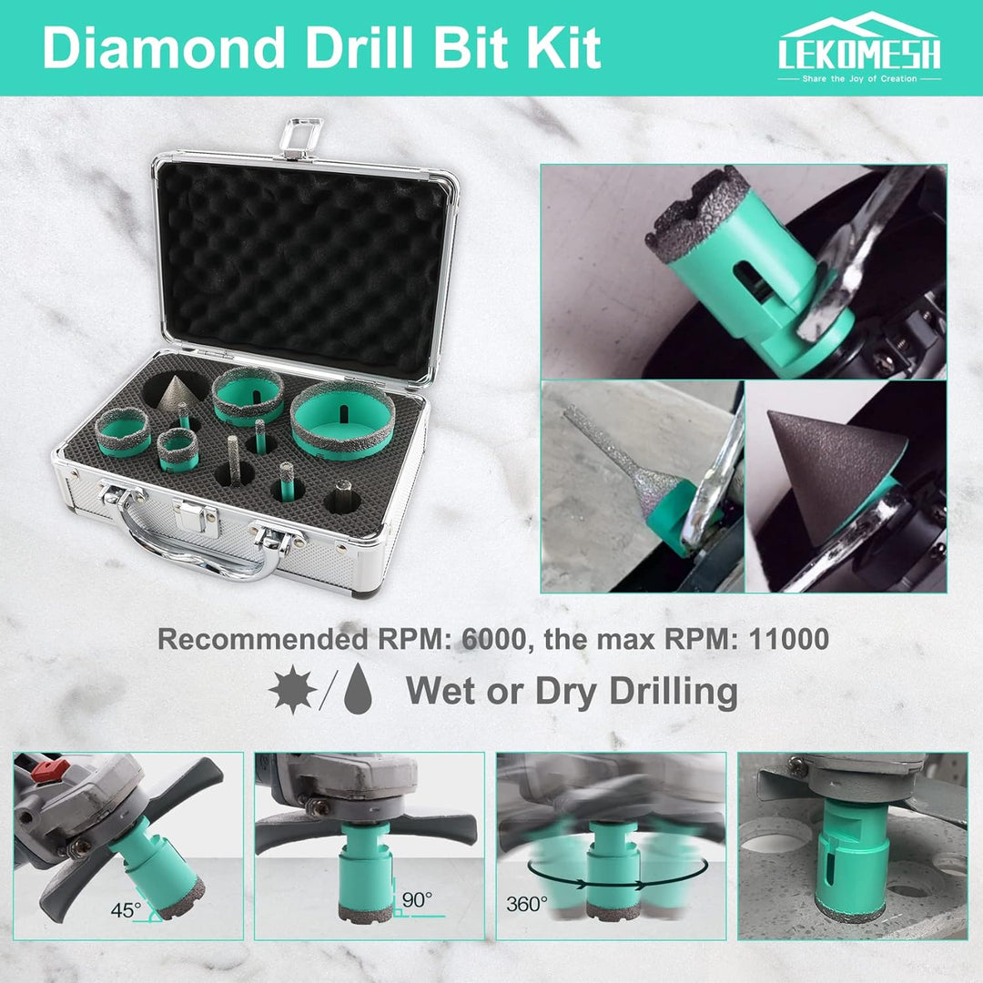Diamant Bohrkrone Kit - 10pcs (6/6/8/25/35/50/68mm+Fasenfräser Bits(6-25mm)+50mm Diamant Fasenfräser