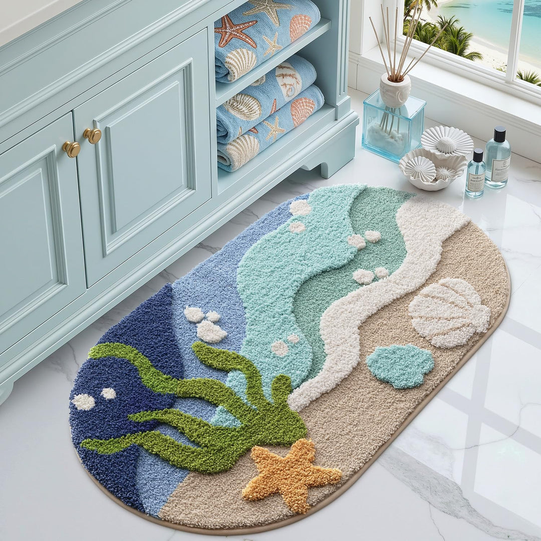 DEXI Ovale Badezimmerteppich 54 x 86 cm, Badematte rutschfest Absorbierende mit Seestern-Strand Must