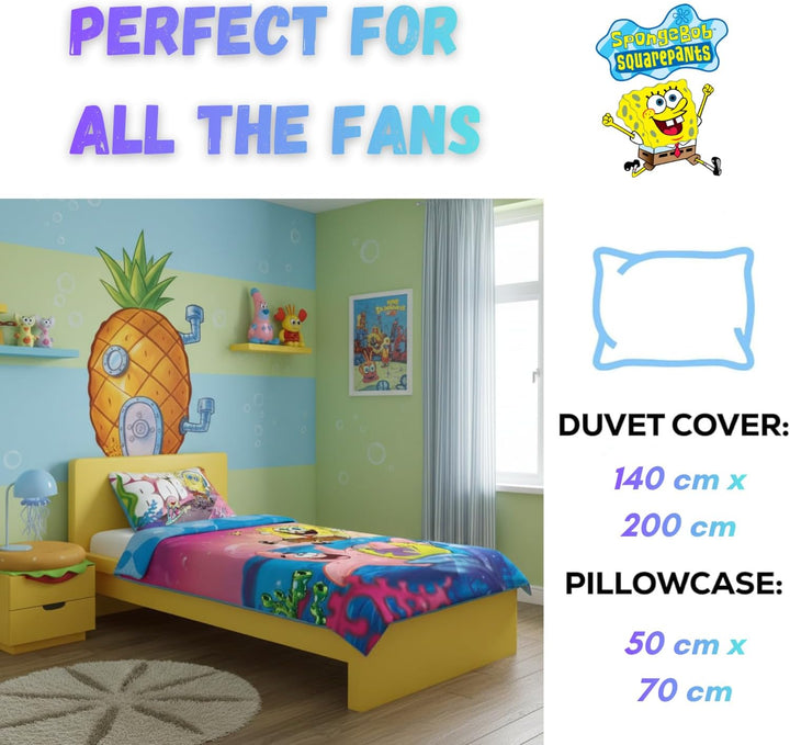 BrandMac Spongebob Schwammkopf Bettwäsche-Set für Kinderbetten | Einzelbett-Bettbezug 140x200 cm mit