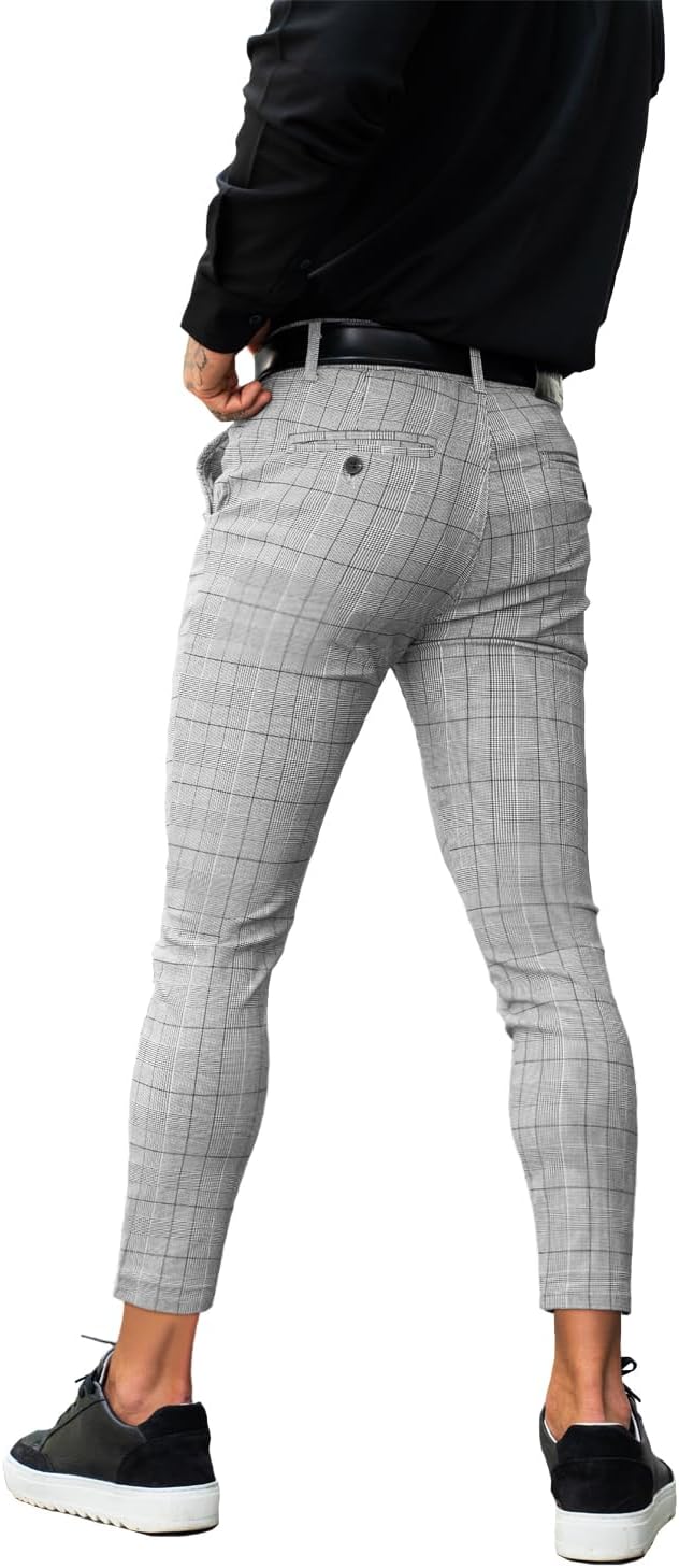 GINGTTO Chino Hose Herren Skinny Stretch Chinohose Karo Slim fit Stoffhose Check Tapered Pants für M