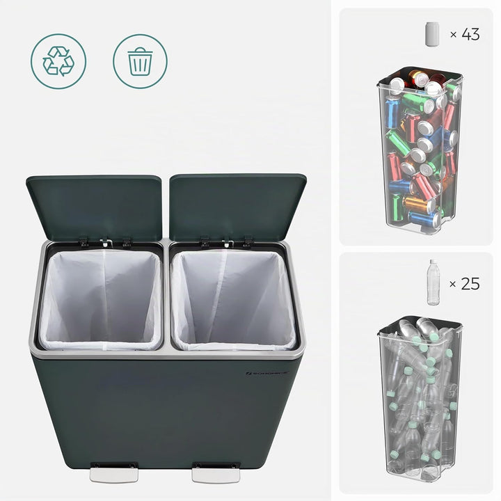 SONGMICS Mülleimer, 2 x 30 L, 2 Fächer, Mülltrennsystem, Treteimer, Abfalleimer Küche, 15 Müllsäcke,