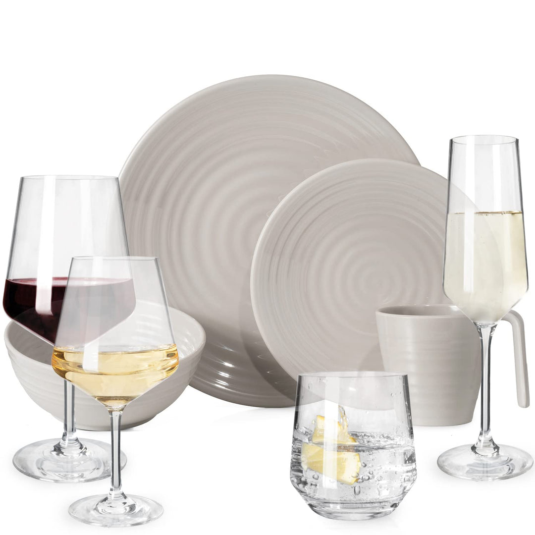 Melamin Camping Geschirr Set 4 Personen Coffee Design 16 Teilig + 16 Milano Gläser Wassergläser Wein