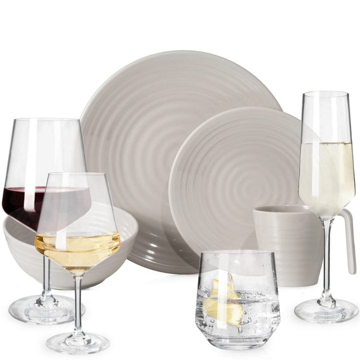 Melamin Camping Geschirr Set 4 Personen Coffee Design 16 Teilig + 16 Milano Gläser Wassergläser Wein