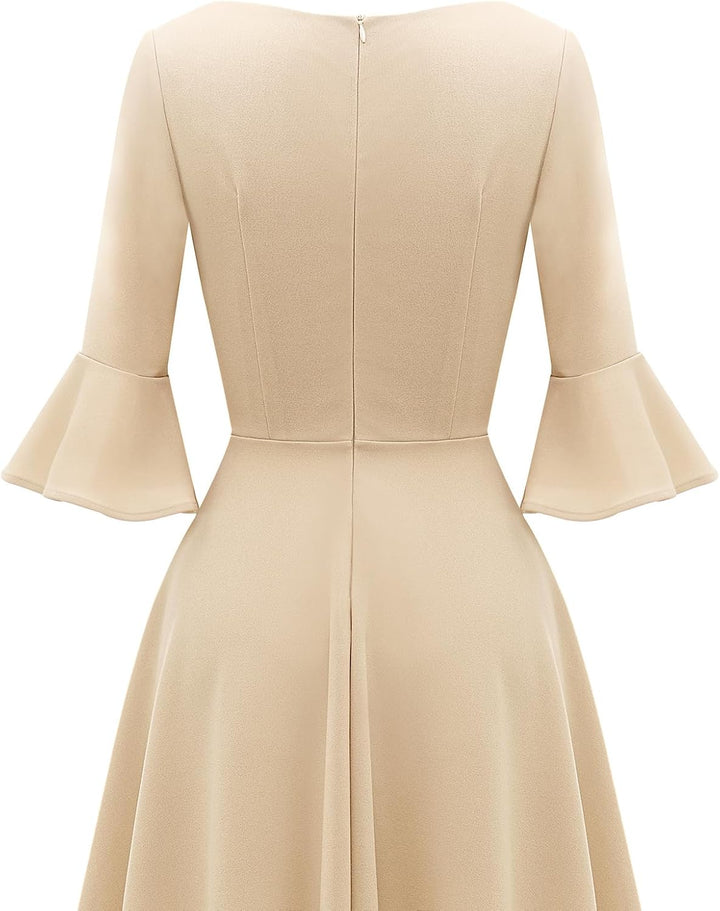 Gardenwed Festliches Kleid Damen 3/4 arm Flare Bell Sleeve Rundhals Kleider High-Low Cocktailkleider