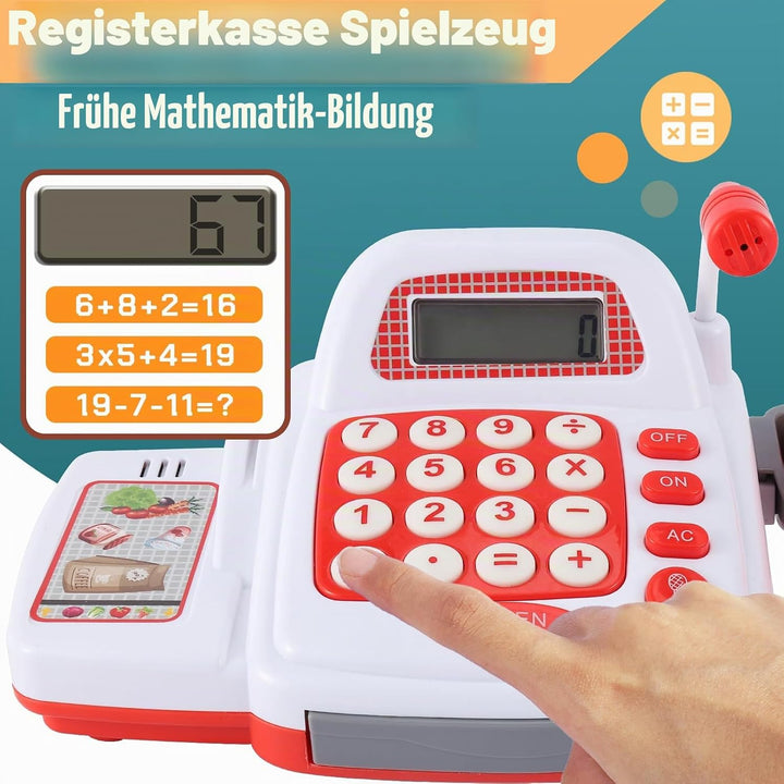 TOEY PLAY Kasse Kaufladen Kinder, Kinderkasse mit Scanner und Sound Mikrofon, Kasse Spielzeug, Kaufl