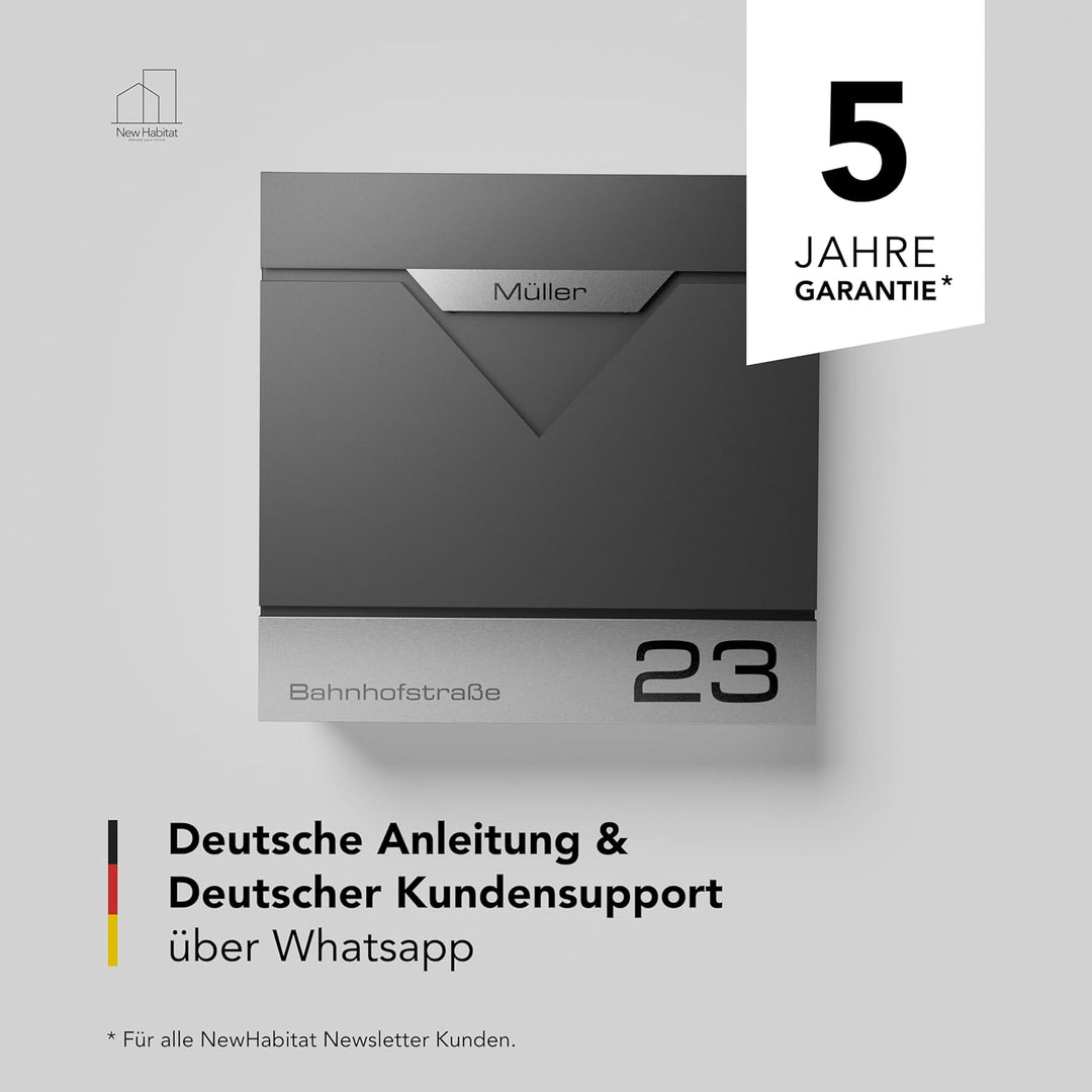 Moderner Briefkasten Personalisierbar Venedig Anthrazit RAL7016 - mit Zeitungsfach - Wandbriefkasten