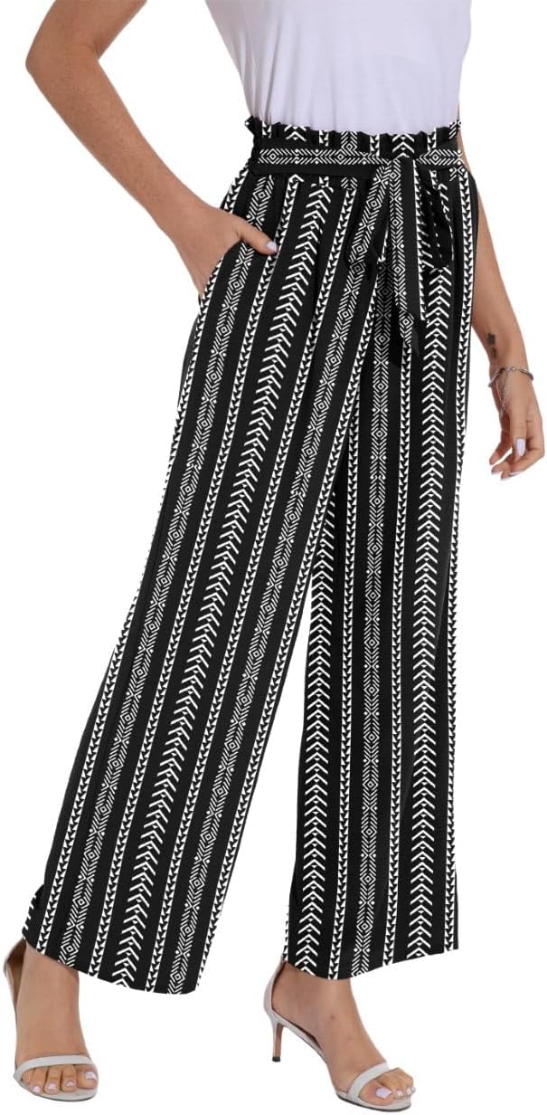 PrinStory Damen Hose Mit Weitem Bein Leichte Elastische Taille Sommer Hose Mit Taschen Kausale Arbei