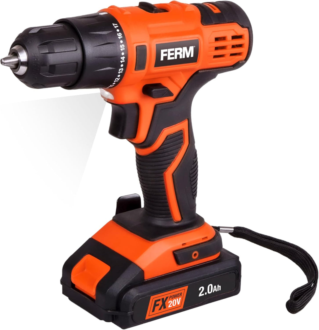 FERM AX-Power Akku-Bohrschrauber 20V – 36 Nm, 2-Gang Getriebe, 2,0 Ah Li-Ion Akku, Schnellspannbohrf