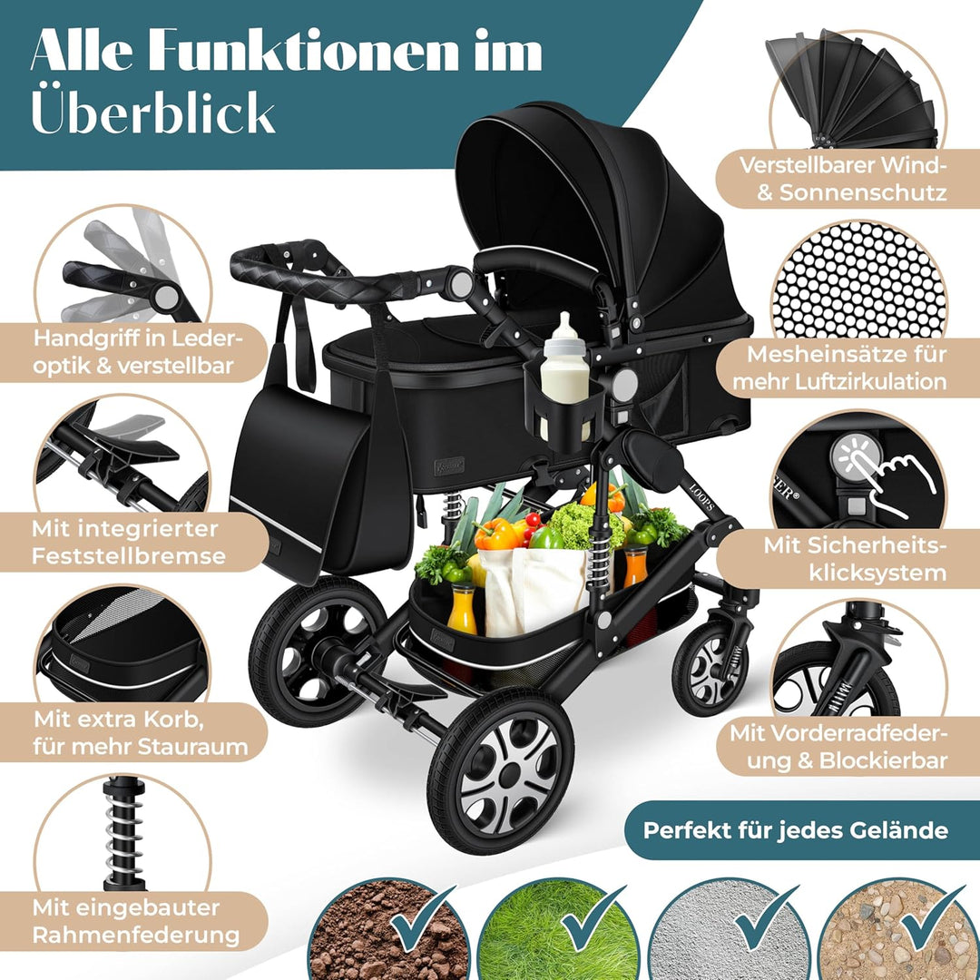 KESSER® Loops 3 in 1 Kinderwagen Kombikinderwagen Komplett-Set inkl. Babywanne & Buggy Sportsitz & A