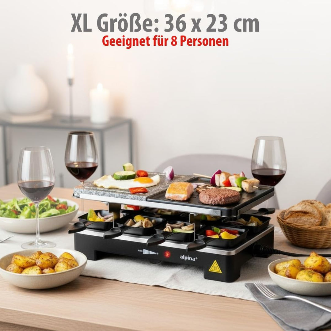 alpina Elektrogrill WJ-K202A - Tischgrill Elektrisch 1200W - Raclette 8 Personen mit 2 Lagen - mit 8