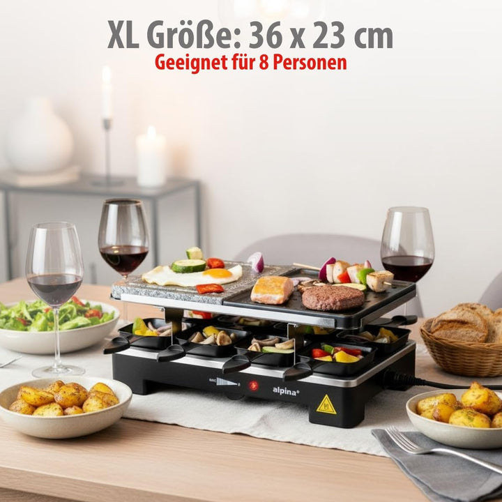 alpina Elektrogrill WJ-K202A - Tischgrill Elektrisch 1200W - Raclette 8 Personen mit 2 Lagen - mit 8