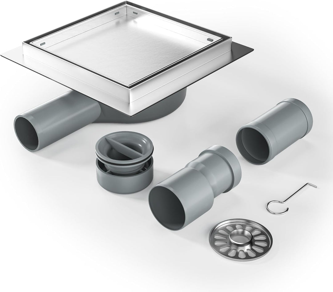Duschrinne Quadrat 15 * 15cm, 360° Siphon mit Geruchsstop und Haarsieb 2 in1 Befliesbar Edelstahl Ab