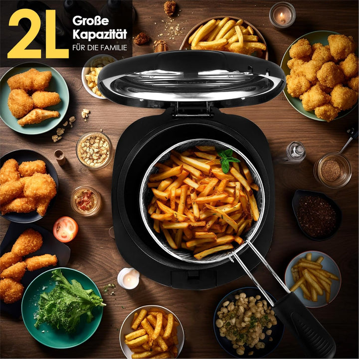 Friteuse mit Fett 2L Edelstahl 1300W Elektrische Kompakte Mini Fritteuse Öl mit Temperaturregelung f