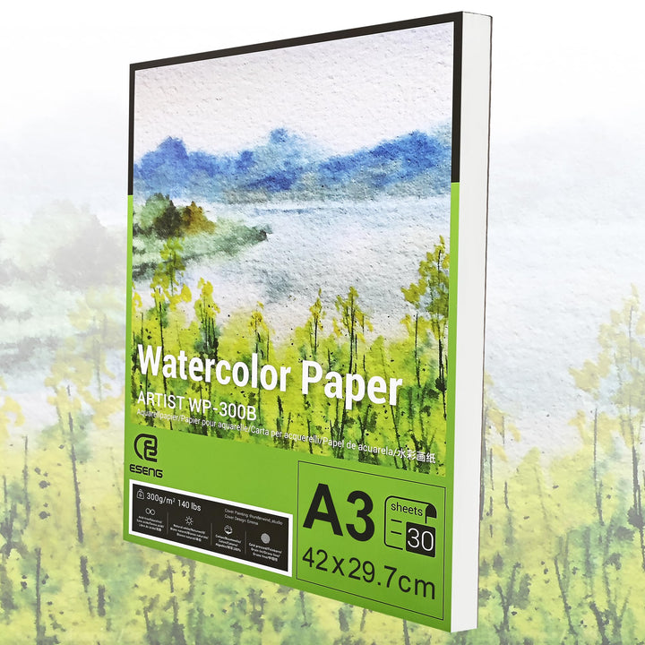 ESENG® Premium Aquarellpapier DIN A3, 100% Baumwolle - 30x Blätte - 300GSM - Weiss, Aquarellblock, M